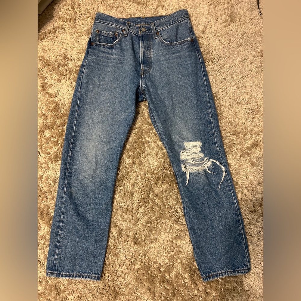 Levi's Blue 501 26  Ankle Cropped Jeans with Distressed Details